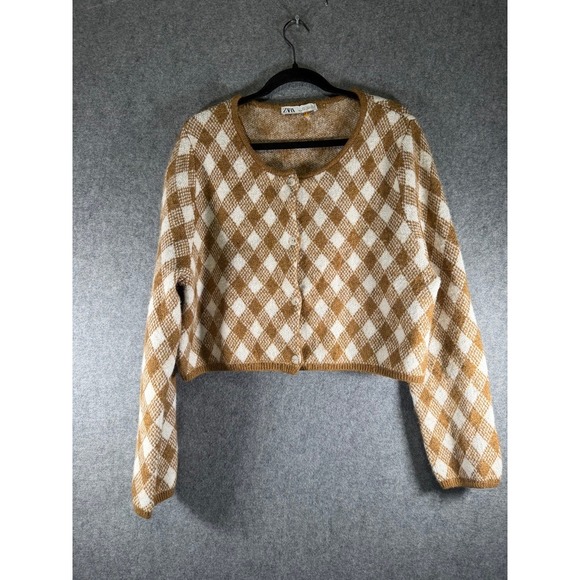 ZARA Argyle Cardigan Sweater Brown White Cropped Long Sleeve Knit Women's Large - Picture 2 of 8